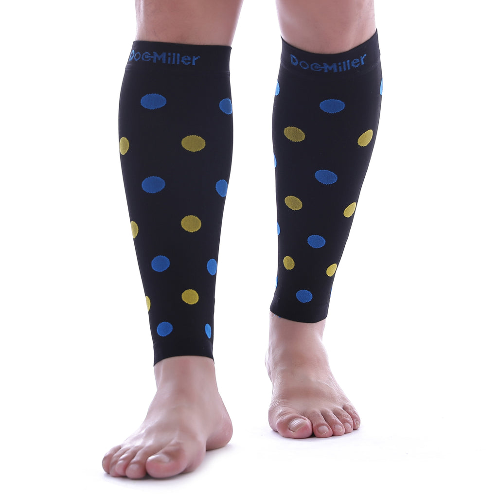 Premium Calf Compression Sleeve 2030 mmHg BLACK w/ BLUE YELLOW Polka