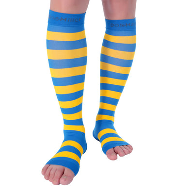 Open Toe Compression Sleeve 15-20 mmHg BLUE/YELLOW by Doc Miller