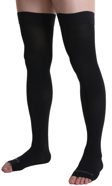 Doc Miller Thigh High Open Toe Compression Hose 20-30 mmHg Opaque Stockings BLACK
