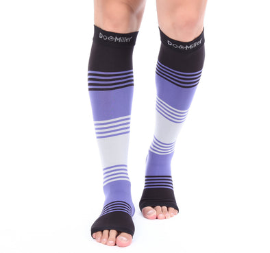 Open Toe Compression Socks 20-30 mmHg BLACK/PURPLE/GRAY by Doc Miller