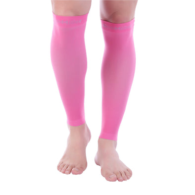 A woman wearing pink compression sleeve from Doc Miller.